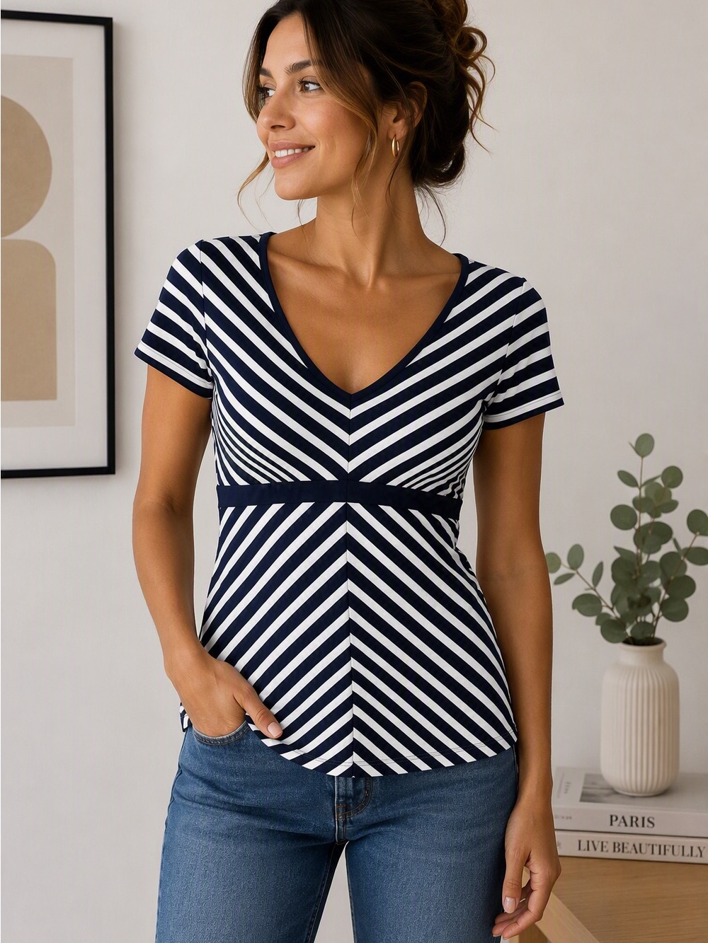 BEBE Navy & White Striped V-Neck Top | Size Medium